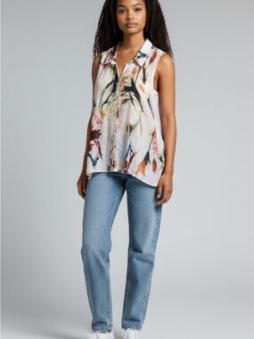 Milano Watercolor Floral Print Top in the Palest Pink w Pink, Green Blue Accents